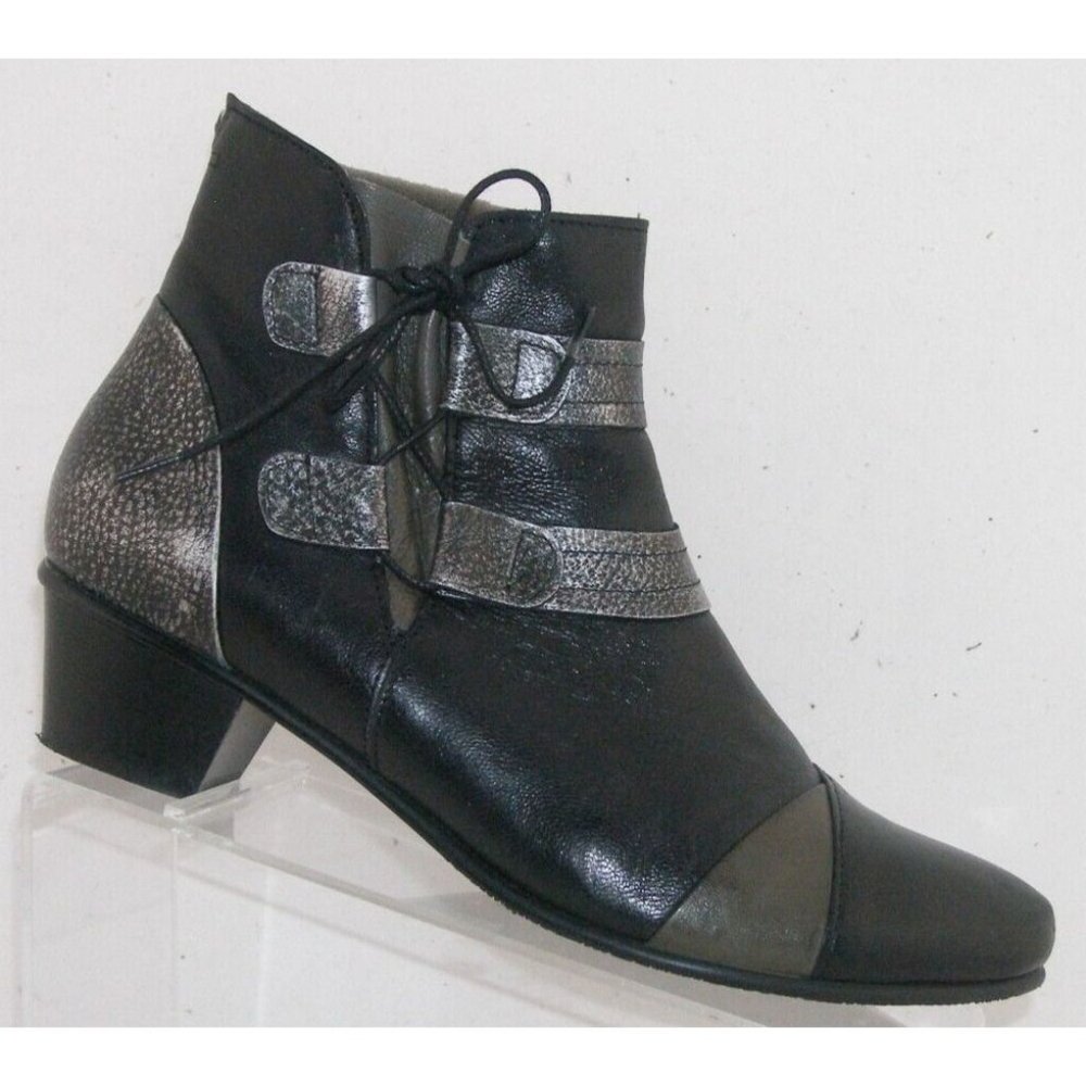 Mentha Cared black silver leather lace up zip ankle bootie heels 9.5 EU 40